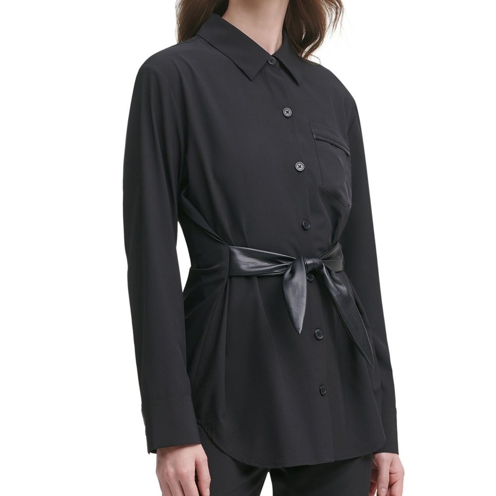 CALVIN KLEIN Womens Black Belted Long Sleeve Collared Tunic Top